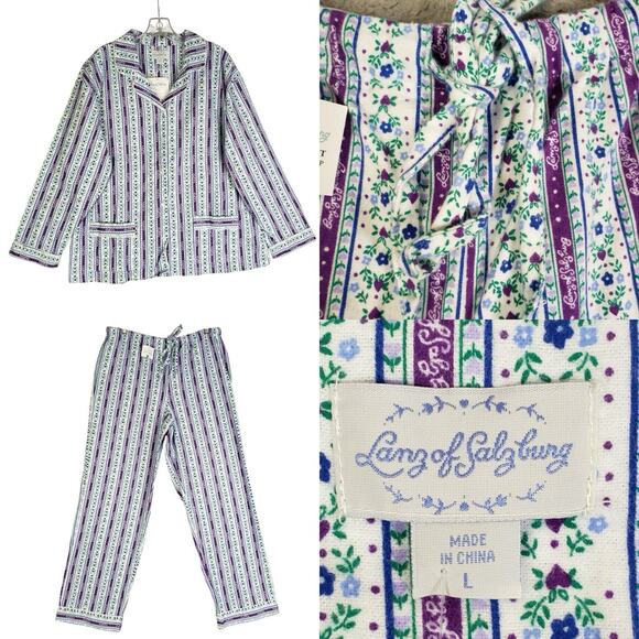 Lanz of Salzburg Other - Lanz Of Salzburg Pajama Set Womens Large White Floral Flannel Button Up New